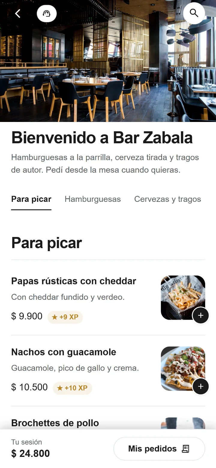 Carta de Bar Zabala con categorías, platos, fotos y precios de ejemplo.