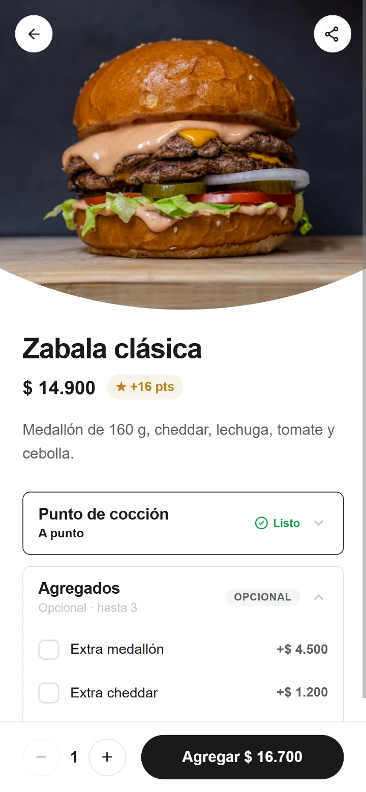 Detalle de un plato de ejemplo con su foto, descripción y opciones.